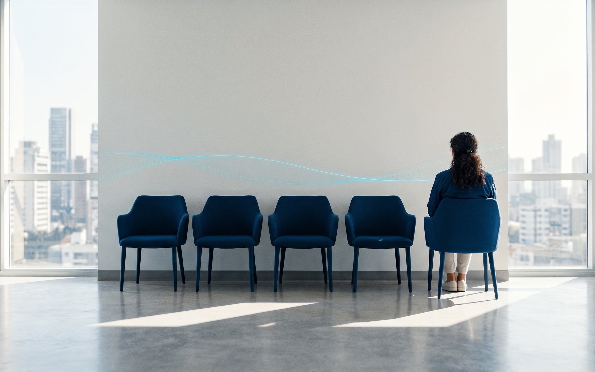Sala de espera luminosa y casi vacía, con una sola persona sentada de espaldas frente al ventanal