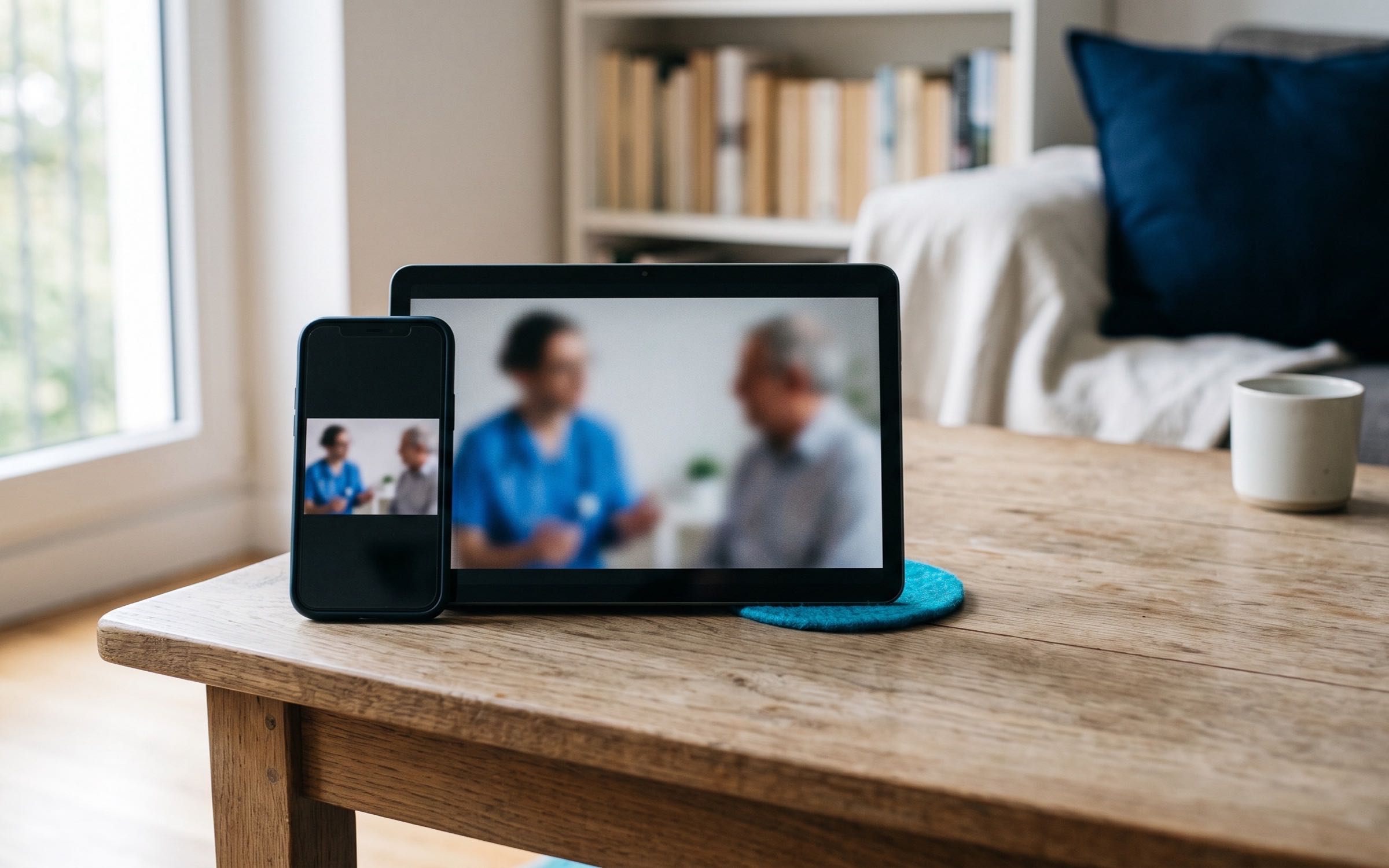 Detalle de un teléfono y una tableta sobre una mesa de centro, con una videollamada médica en curso en la pantalla, ambiente hogareño.
