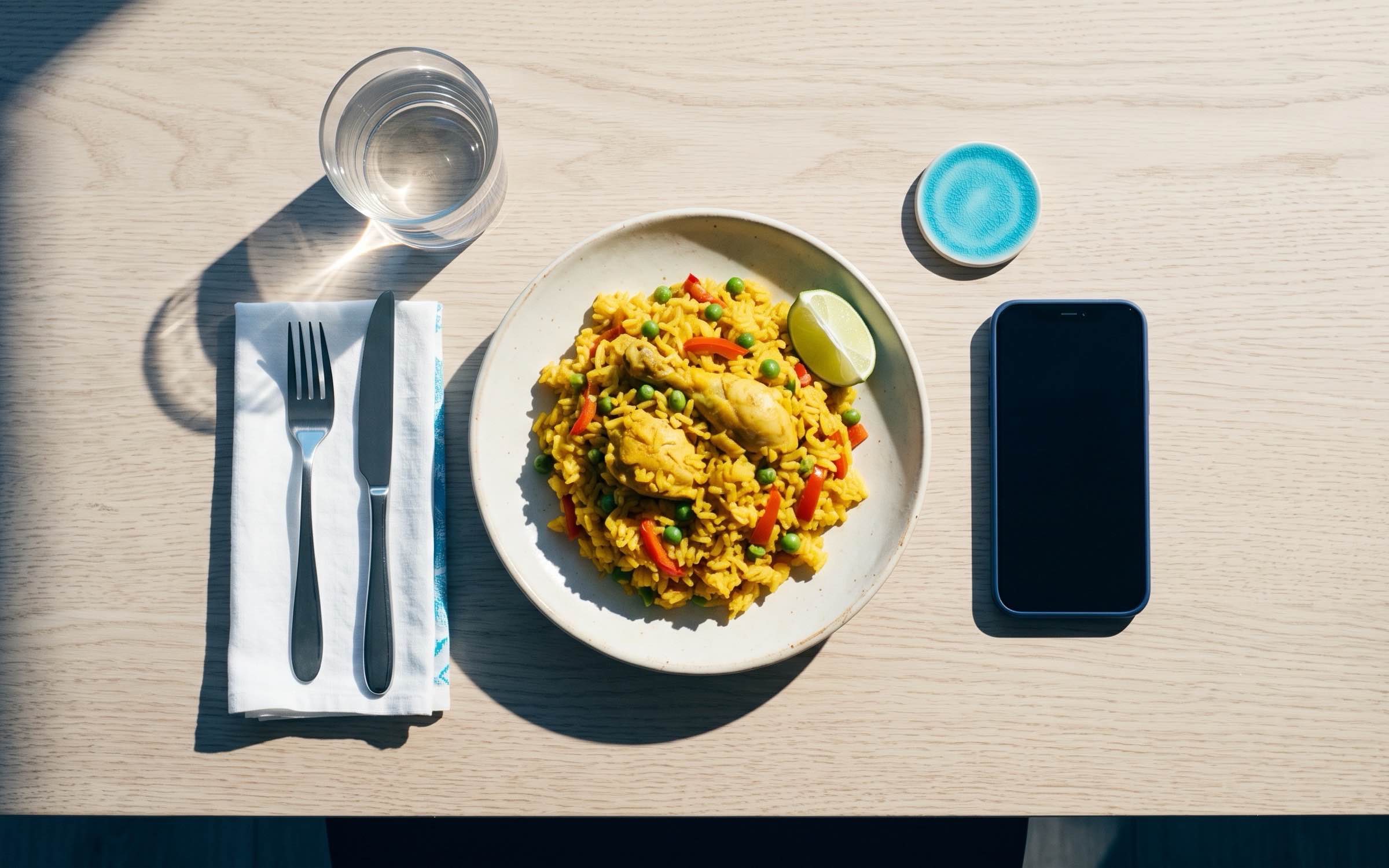 Vista cenital de un plato de comida casera sobre una mesa clara, junto a un vaso de agua y un teléfono